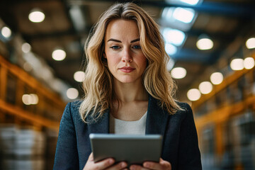 Sticker - A woman is holding a tablet in her hand and looking at it