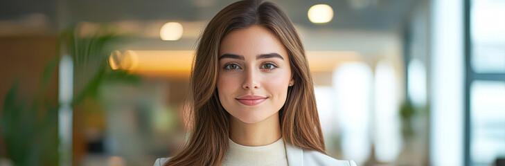 Wall Mural - A woman is smiling and looking at the camera