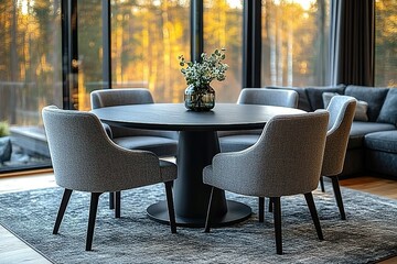 A modern living room with a large round dining table surrounded by four chairs