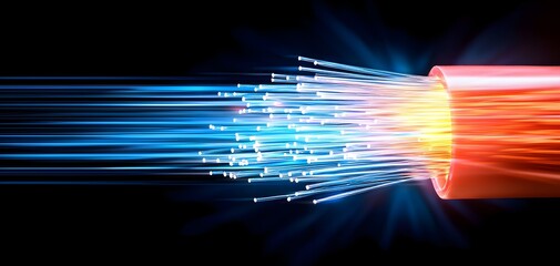 Wall Mural - Glowing fiber optic cable with bright light particles spreading into space, abstract background with vibrant colors, concept of digital data flow and connectivity