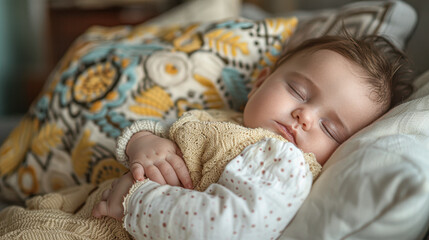 Wall Mural - A baby is sleeping on a bed with a pillow