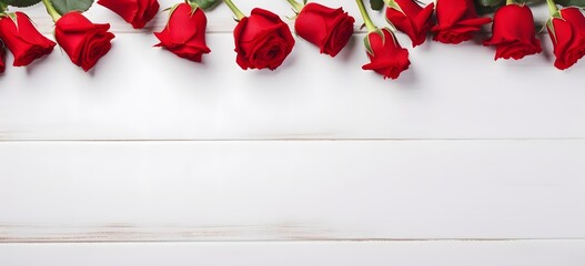 Wall Mural - Red Roses and Hearts on White Wooden Background for Valentine's Day Banner