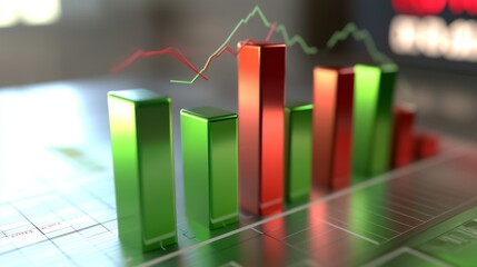 Aufkleber - A close-up of a 3D bar graph with green and red bars, illustrating financial growth and decline, with percentages floating above each bar and a stock ticker in the background.