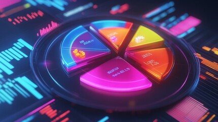 Leinwandbilder - A close-up of a 3D pie chart with neon-colored slices, showing revenue distribution in different sectors, with floating data points and a futuristic financial interface.