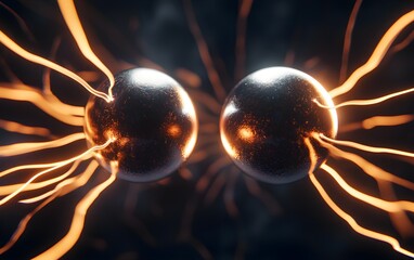 Two powerful energy spheres linked by beams of light, fiery electric fields swirling in the background, abstract concept of energy flow and quantum forces