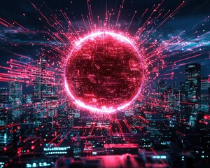 Poster - Futuristic cityscape with glowing energy orb