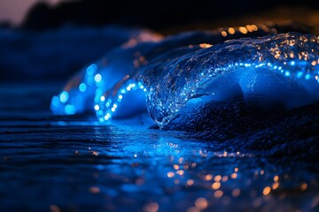 A wave glows with bioluminescence at night, creating an ethereal scene.