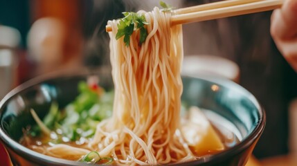 A close-up of a bowl of soba noodles being lifted with chopsticks, showcasing the delicate strands and garnished with fresh herbs, emphasizing the dish's appealing texture.