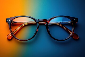 A pair of glasses with a blue frame and a brown frame