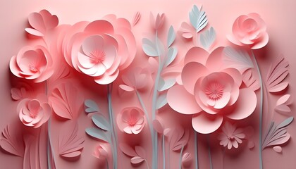 Wall Mural - Charming 3D Paper Cut Aesthetic with Pastel Flowers and Minimalistic Design in Soft Light and Shadows