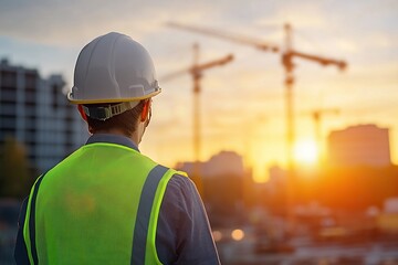 Construction worker observing progress at sunset with cranes in the background.