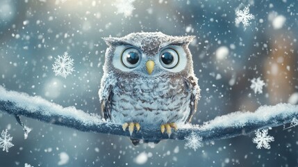Adorable cartoon owl perched on a snowy branch, its big eyes wide open, surrounded by falling snowflakes, bringing winter fun to life.