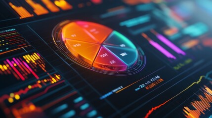 Leinwandbilder - A close-up of a colorful financial pie chart on a digital dashboard, with floating data labels showing revenue streams, growth rates, and key financial indicators.