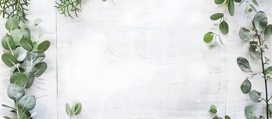 Wall Mural - rustic white wood background with eucalyptus & mistletoe