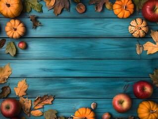 Wall Mural - teal wooden background with fall leaves, pumpkins & apples