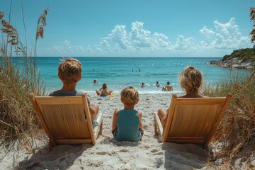 Sticker - A family enjoying a day at the beach, with kids playing in the sand and adults relaxing in beach chairs.