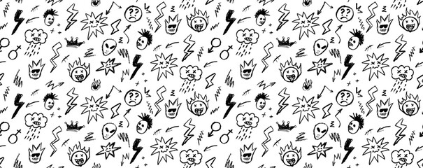 Wall Mural - grunge rock seamless pattern with doodle elements. wax pencil drawing face with tongue out, cartoon 