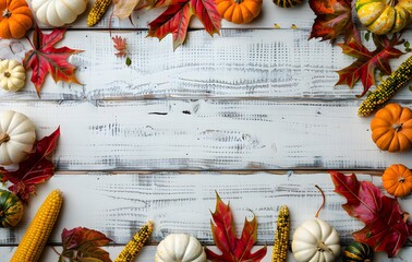 Wall Mural - rustic autumn frame with pumpkins and corn on white wood