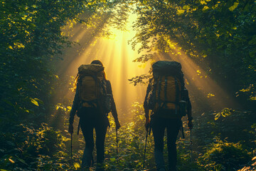 Poster - A couple hiking through a dense forest, with sunlight filtering through the trees above.