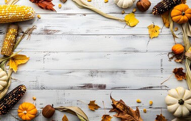 Wall Mural - rustic autumn frame white wood background