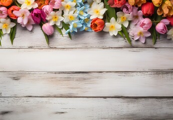 Rustic White Wooden Background With Colorful Spring Flowers