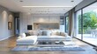 © Tina - Modern living room with white sectional sofa, grey rug, coffee table, and open kitchen with white cabinets.
