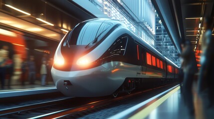 Fototapete - A close-up of an electric train arriving at a station, with the motion blur of the train emphasizing speed and efficiency, surrounded by curious onlookers and commuters.