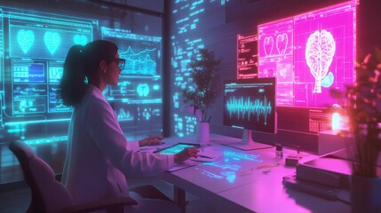 Aufkleber - A scientist wearing glasses sits in a contemporary laboratory, examining digital health data displayed on multiple screens