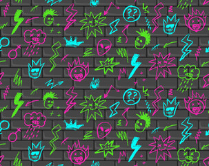 Wall Mural - grunge rock seamless pattern with doodle colorful elements on brick wall. vector wax pencil drawing 