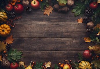 Wall Mural - rustic autumn wooden background with pumpkins and apples