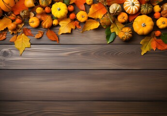 Wall Mural - rustic autumn wooden background with pumpkins and leaves