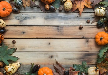 Rustic Wooden Background With Fall Decor & Copy Space