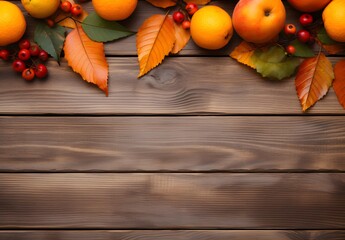 Wall Mural - Rustic Autumn Wooden Background With Oranges And Leaves