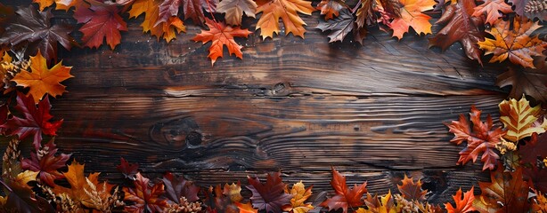 Wall Mural - autumn leaves frame on rustic wooden table