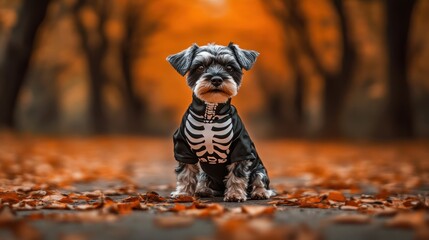 Wall Mural - Spooky Schnauzer Dressed as Skeleton in Autumn Setting