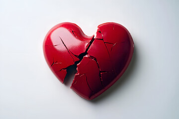 Poster - A broken red heart on a white background, capturing a visual representation of heartbreak, sadness, and emotional pain in a minimalist style.