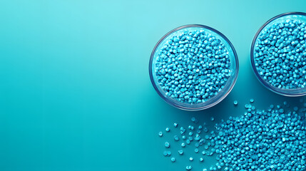 Top view on two glass cups with cyan plastic polypropylene granules, masterbatch polymer grain, on cyan backdrop. HDPE or PVC resin pellets. 3d render illustration