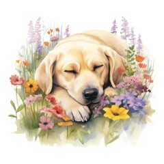 Canvas Print - Watercolor labrador retriever sleeping animal flower mammal.