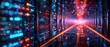 © NDmCX-Nic - Abstract server room with glowing lights and digital data streams.