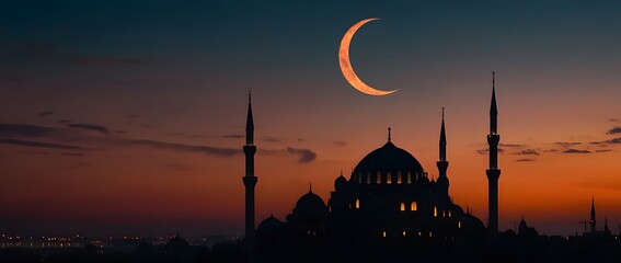 Mosque Silhouette with Crescent Moon Ramadan Background