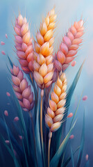 Wall Mural - A bouquet of wheat stalks with delicate pink hues against a blue background.