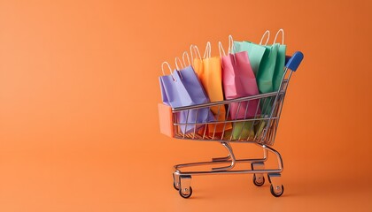 A shopping cart with colorful paper bags inside stands on an orange background with copy space