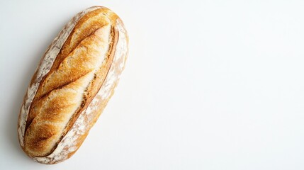 A loaf of artisan bread resting on a plain white background, showcasing its rustic texture and homemade appearance in a simple setting.