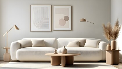 Wall Mural - Cozy Scandinavian living room with a beige pillow on a modern sofa, softly lit ambiance, and bokeh effect enhancing a stylish side table with a vase