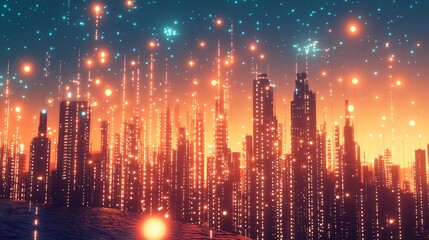 Wall Mural - Futuristic cityscape with glowing lights and a starry sky.