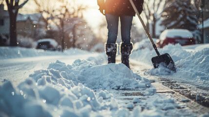 Wall Mural - Close up Person shoveling deep snow from the driveway or sidewalk during a winter day, depicting cold weather maintenance work and chores