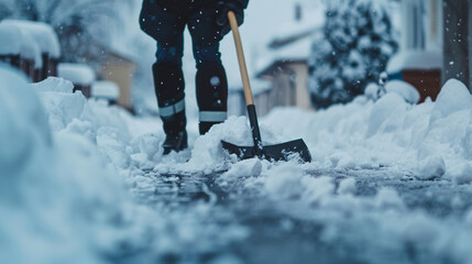 Wall Mural - Close up Person shoveling deep snow from the driveway or sidewalk during a winter day, depicting cold weather maintenance work and chores