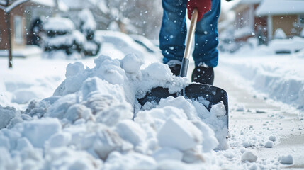 Wall Mural - Close up Person shoveling deep snow from the driveway or sidewalk during a winter day, depicting cold weather maintenance work and chores