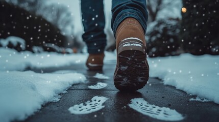 A pair of shoes moves forward along a snowy pathway, creating footprints in the fresh snow while flurries of snowflakes drift down around them