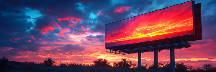 Wall Mural - A billboard displays a vibrant sunset against a backdrop of a real sunset.